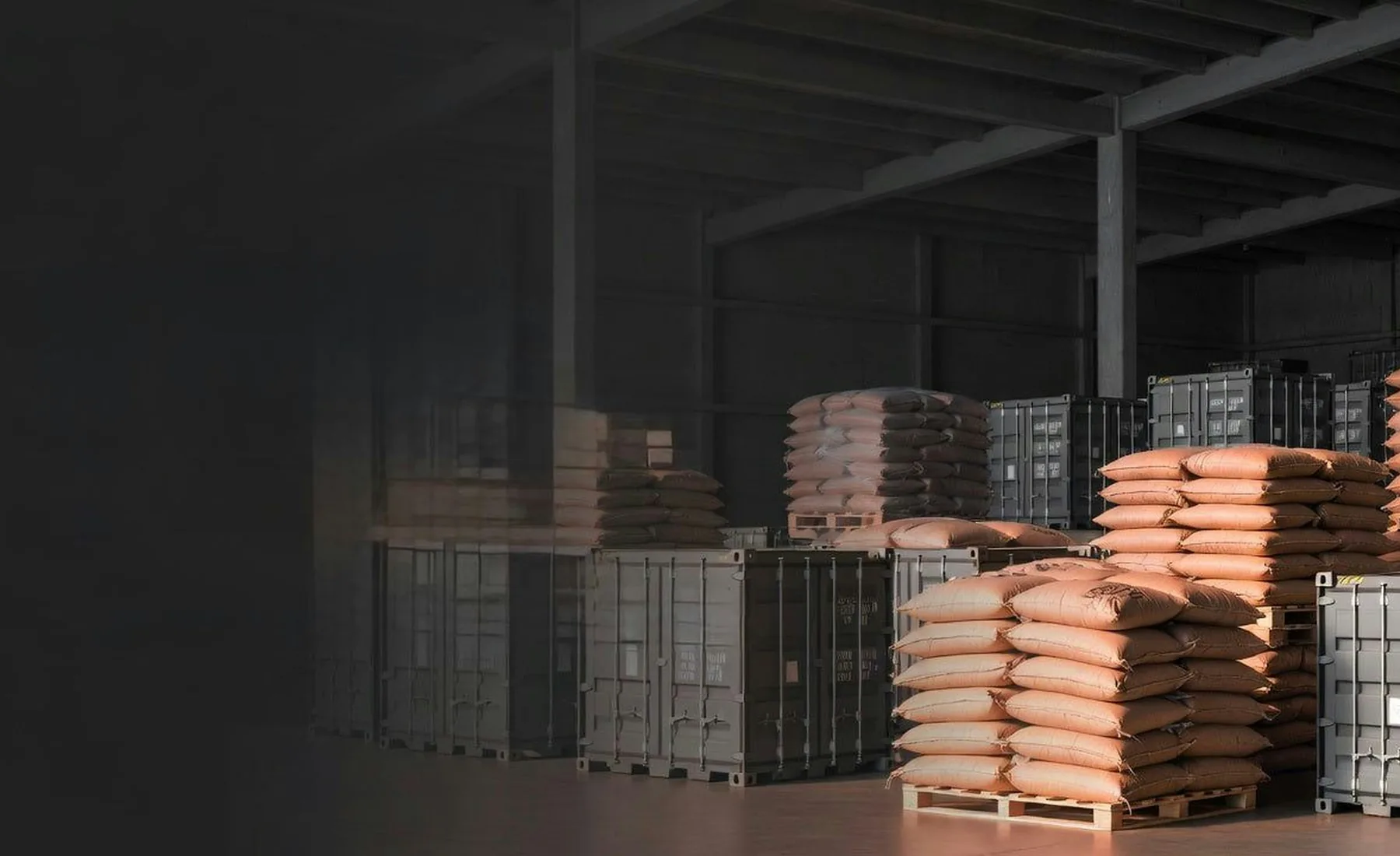 Commodity sacks and export containers stored in a warehouse